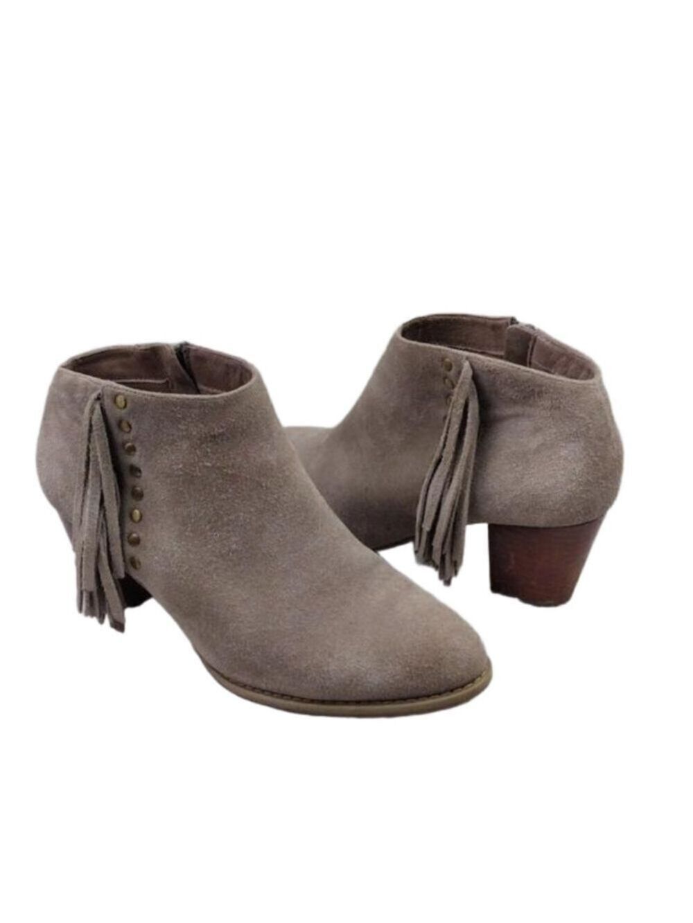 Vionic Faros Tan Suede Leather Fringed Upper Almond Toe Side Zip Ankle Bootie